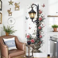 1pc Rose Flower Street Lamp Wall Decor Mural Sticker, Removable Plant Floral Farm Flower Column Wall Decal, Bird & Flower Home Decor Sticker - 49021-fHYM - View 2