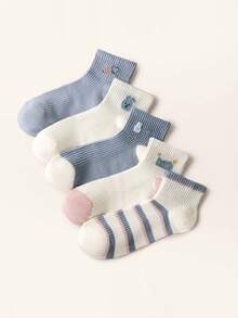 5 Paar Damen 100% Baumwolle atmungsaktive Mesh Kurzsocken, Cartoon Kaninchen Buchstaben & Herz Muster Streifen, Macaron Farbe Sommer dünne lässige Alltagssocken - Verschiedenfarbig - Übersicht 3