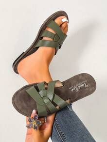 Ximi Ruo 寬楦水鑽裝飾舒適女款涼鞋，韓式休閒平底拖鞋，露趾編織羅馬涼鞋，春夏秋新款法式女鞋，棕色平底單帶沙灘涼鞋，休閒 TPU 戶外夏季鞋，適合搭配洋裝、沙灘、居家與外出 - 軍綠色 - 查看 3
