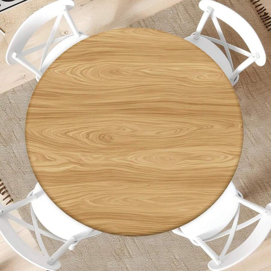 Light Wood Grain Round Elastic Tablecloth, Full Coverage Round Table Cover, Japanese Style Waterproof Oil-Resistant Dining Table Protector, Suitable For Kitchen, Party, Picnic Round Table Decoration, Multiple Sizes Available