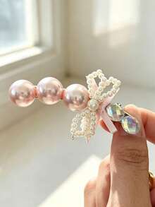 1pc Korean Style Gentle Gradient Draping Pearl Hair Clip, Mini Satin Bow Decor Alligator Hair Clip, Side Hair Clip For Girls Date Atmosphere - Multicolor - View 9