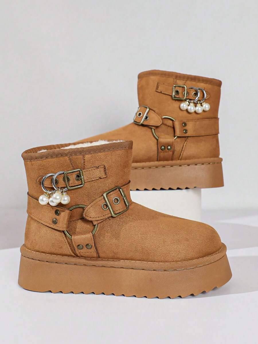 1 Pair Sweet & Cool Metal Buckle Snow Boots, Pearl Pendant Decor, Thick Sole Height-Increasing, Thermal Lined, Versatile Ankle Boots For Women - Camel - View 1