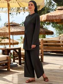 VFJ Women's Casual Black High Elasticity Round Neck Burkini Top With High Waist Swim Bottoms, Conservative Beach Swimsuit Vacation Summer - Black - View 3