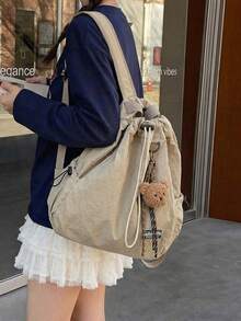 New Fashion Casual Minimalist Unisex Drawstring Closure Solid Color Retro Large Capacity Multi-Pocket University Student Backpack, Lightweight Multipurpose Shoulder Bag For Short Trip, Hiking - Multicolor - View 5