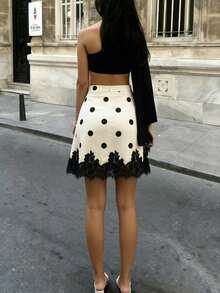 Elegant Minimalist Polka Dot Lace Patchwork Skirt, Fashionable Lace Patchwork Design Mini Skirt, Women - Apricot - View 2