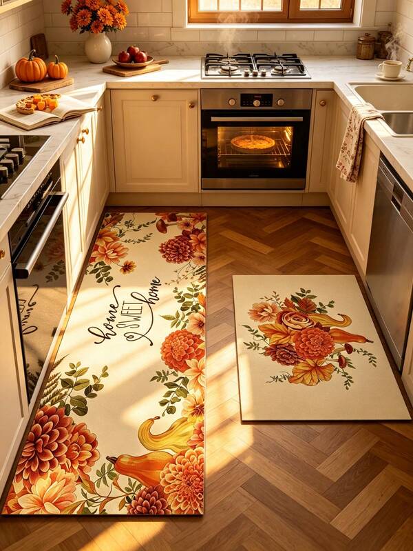 1/2pcs Thanksgiving Floral Pattern, Vintage Diatomaceous Earth Mat, Super Absorbent, Non-Slip, Perfect For Bathroom, Kitchen And Dining Room, Quick Drying, Machine Washable, Perfect Gift For Home Decor And Bathroom Mat