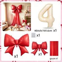 Red Bow Milk White Number Balloon 0-9, Red Chiffon Bow Balloon, Used For Bridal Shower, Anniversary, Birthday Decoration, Photo Props, Valentine's Day, Theme Party - Red Bow Cream Number Balloon - View 14