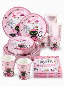 20/40-Piece Disposable Paper Tableware Set,Including 7/9-Inch Paper Plates,Paper Cups,And Napkins,Featuring Pink Black Cat,Pumpkin, Ghost,Witch Hat, And Spider Web Glitter Designs,Suitable As Desktop Decoration For Halloween Parties And Celebrations - Cat Halloween - View 3