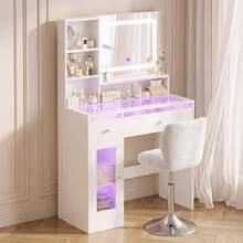 Devoko tocador con espejo LED, iluminación RGB y modo música, tocador con superficie de cristal, cajones, estante abierto, regleta de enchufes, USB/Tipo C y función de temporizador, blanco - Ver 5