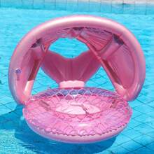 Pink Mermaid Scale Inflatable Baby Swim Ring With Sun Canopy, Children's Inflatable Swim Ring With Handle Seat, Suitable For Kids Vacation Beach Summer Toy Use - 粉色 - 查看 6