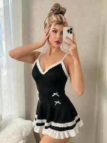 Women's Maid Costume Role Play Outfit, Color Block Trim Sexy Skirt Dress, Maid Role Play Dress, Knitted Fabric With Pleated Hem - Black and White - View 1