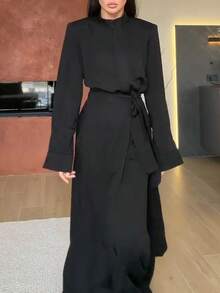Women's Casual Elegant Round Neck Long Sleeve Button-Front Top + Loose Wide Leg Pants + Long Apron 3-Piece Set, Solid Color Front Button Tie Closure, Commute Daily Date - Black - View 8
