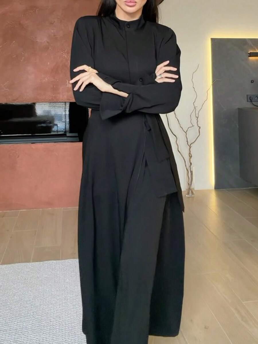 Women's Casual Elegant Round Neck Long Sleeve Button-Front Top + Loose Wide Leg Pants + Long Apron 3-Piece Set, Solid Color Front Button Tie Closure, Commute Daily Date