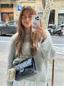 FOR BEAUTY Women's Y2K Soft Grey Floral Round Neck Loose Oversized Knit Pullover Sweater, American Street Style Casual Wear, Autumn/Winter - Light Grey - View 5