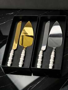 2PCS Stainless Steel Cake Knife And Server Set, Pearl Beaded Handle, Packed In Black Gift Box, Elegant Dessert Cutting Utensils For Wedding, Birthday Party, Christmas, Thanksgiving, Holiday Celebration Gift - View 4