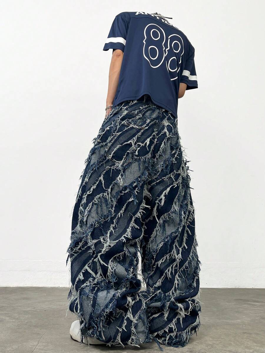 1pc Vintage Patchwork Fringed Men's Blue Denim Jeans, Casual Loose Fit Wide Leg Pants, Versatile All Season - Blue - View 1