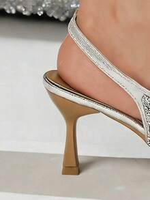 Kitten Heels For Women Slingback Heels Pointed Toe Pumps Rhinestones Pearls Stiletto Sparkly Bridal Sandals For Wedding Prom Dating - Silver - View 5