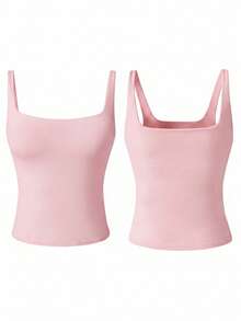 Aoqta Sports Women's Casual Knitted Square Neck Camisole, Built-In Padding, Basic Solid Color Top, Suitable For Yoga, Daily Wear, Training, Outings, Business - Pink - View 4
