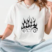 Streetwear, T-Shirt, Vintage Motorcycle Flame Graphic Print, Cotton Casual Loose Fit, Women Summer Daily Wear, 1 Piece - White - View 1