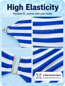 SwimNova New Summer Fashion Women's Halter Striped Bikini Set, Metal Detail High Waist Swim Bottoms, Suitable For Beach Vacation, Date, Party - Multicolor - View 9