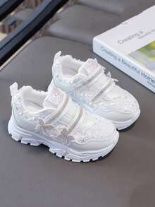 1 Pair Exquisite Girls' Lace Mesh Upper Shoes, Lightweight Breathable Non-Stuffy, Rhinestone Bow Decor, Sweet Princess Style Suitable For All Seasons And Long-Term Wear - White - View 4