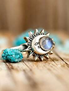 1pc Silver Sun Moon Labradorite Ring, Bohemian Celestial Round Natural Stone Thin Band Women's Ring, No Box - Silver - View 1