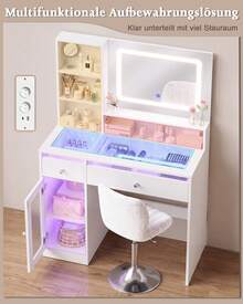 Devoko tocador con espejo LED, iluminación RGB y modo música, tocador con superficie de cristal, cajones, estante abierto, regleta de enchufes, USB/Tipo C y función de temporizador, blanco - Ver 2