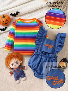 2pcs/Set Baby Girl Cute Colorful Rainbow Striped Contrast Color Round Neck Top, Letter Embroidered Ruffle Strap Romper Set, Fun Cartoon Outfit, Suitable For Christmas Party, Travel, Autumn/Winter Wear, Gift - Blue - View 2