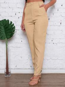 EMILI FASHION/Women's Clothing/ Pants/ Tailored/ With Pockets/ With Button And Zipper/ Pleated. - 杏色 - 查看 4