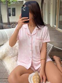 2pcs/Set Women's Comfortable Striped Bow Print Short Sleeve Lapel Top And Bow Shorts Pajama Set, Spring/Summer - Pink - View 3