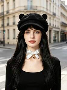 2pcs Women's Cute Bear Ear Newsboy Cap + Black Lace Bow Bell Choker Set, Vintage Style Hat & Necklace Accessory Kit, Suitable For Party, Halloween, Daily Wear - Multicolor - View 2