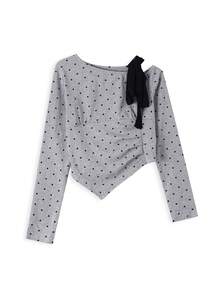 Women's Gray Polka Dot Asymmetrical Neckline Crop Top With Black Bow Decor, Random Patchwork - Grey - View 5