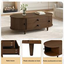 Oval Coffee Table With Two Sliding Doors, Rounded Corners, Sofa Table With Storage Space, Side Table With Central Storage Area, Made Of Wood, MDF, Walnut Color (100*50*36 Cm). - Multicolor - View 4