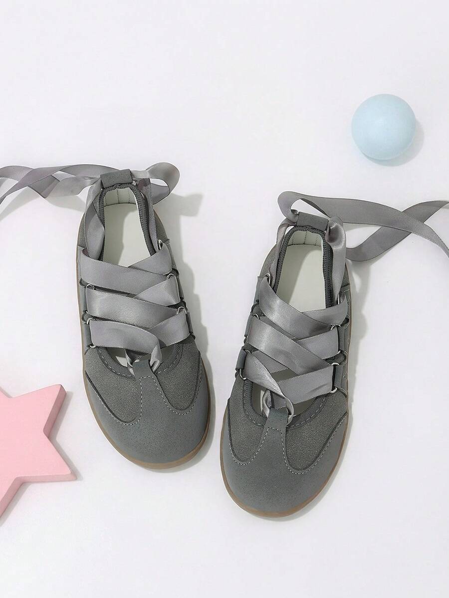 Girls' Gentle Ballet Style Casual Shoes, Self-Tie Grey Bow Satin Ribbon Flat Shoes, Suitable For All-Season Outings And Daily Wear - Grey - View 1