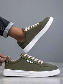 Men's Low-Top Lace-Up Sneakers, Solid Color Minimalist Flat Design, Suitable For Daily Commute, Casual Outings And Leisure Wear - Army Green - View 3