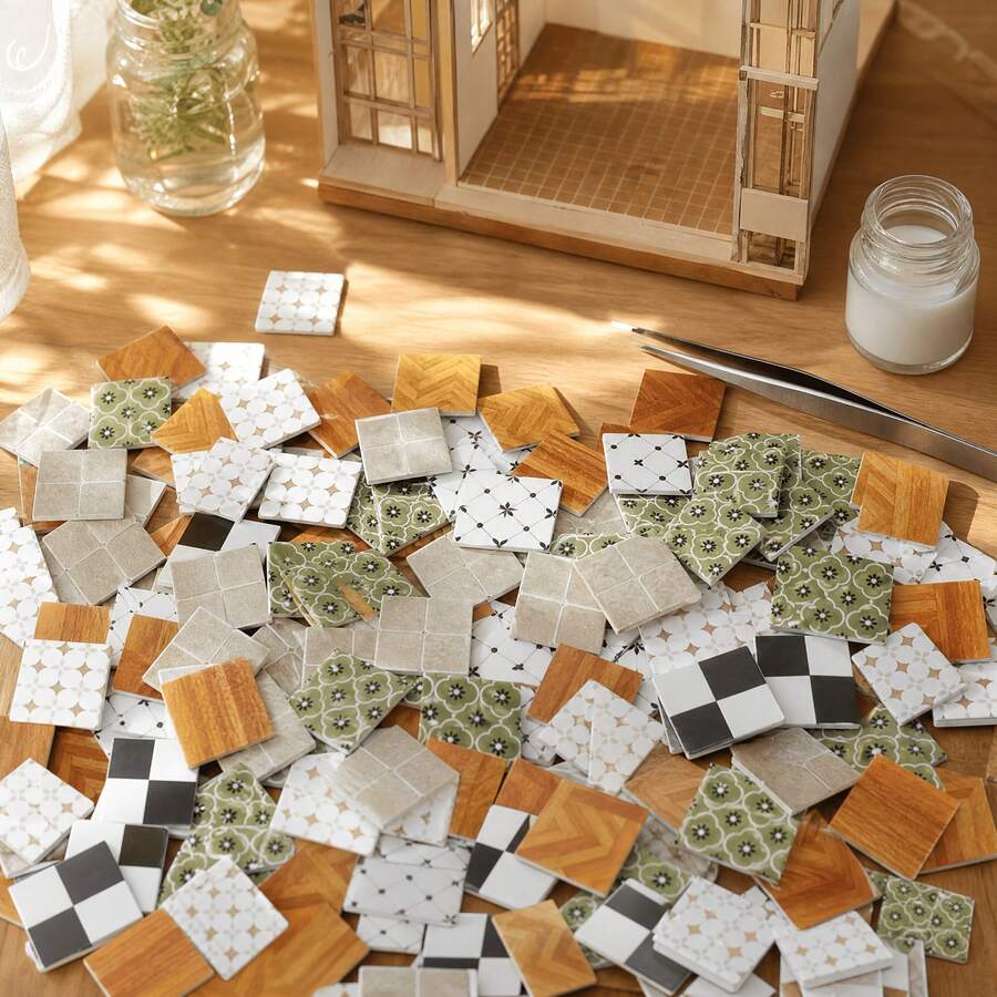 30Pcs 10 Styles Assorted Miniature Dollhouse Floor Boards, Realistic Square Mini Brick Tile Sheets, Decorative Flooring Accessories For Micro Landscape Scenery, Diorama Layout, Doll House Interior Decoration & DIY Architectural Model Craft Supplies