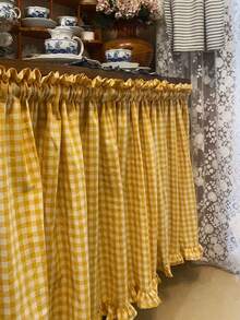 1pc Yellow Plaid Short Curtain, Korean Retro Style, Half-Length Window Curtain, Cabinet Cover, Bathroom Small Window Curtain - Multicolor - View 8