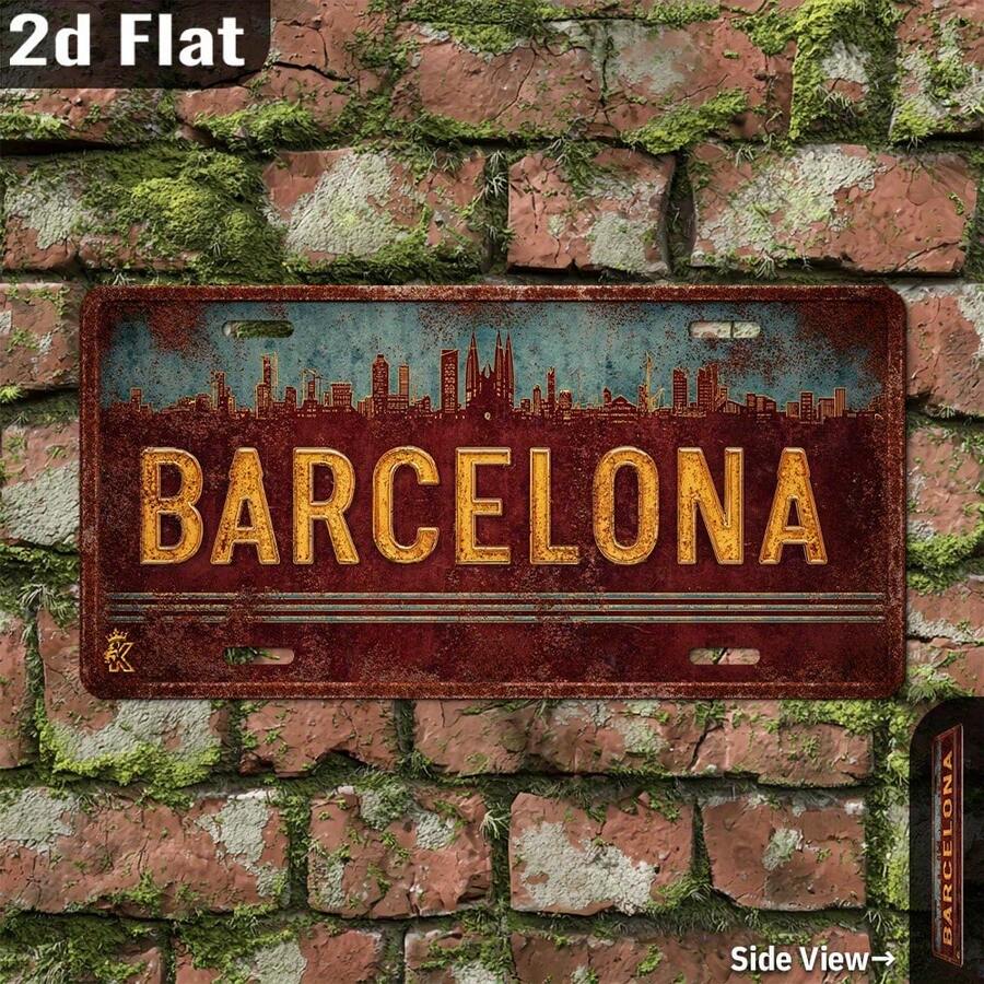 2D Flat Design, 1pc Barcelona Spain City Skyline Metal Wall Decor Sign, Vintage Spanish Capital Style, Distressed Aged Craftsmanship, Suitable For Garage, Porch, Bar - Easy Installation, No Electricity Required (Random Style) - A - View 1