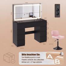 Devoko Modern Vanity Table With Extra Large LED Mirror, 3 Light Colors And Dimmable Brightness, Dressing Table With Glass Top, 9 Drawers, Power Strip And Hair Dryer Holder, White/Black - 查看 10