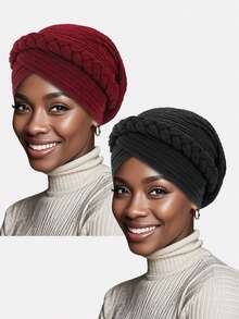 2pcs Women's Ruched Handmade Braided Headscarf Hats, Suitable For Daily Wear - Multicolor - View 5