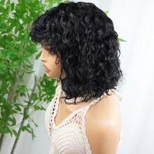 Short Curly Bob Wig, Brazilian Remy Human Hair, Curly Bangs, 150% Density, Full Machine Woven Human Hair Wig With Bangs, Glueless, No Lace, Daily Wear, Black, 10 Inch - Natural Black - View 10