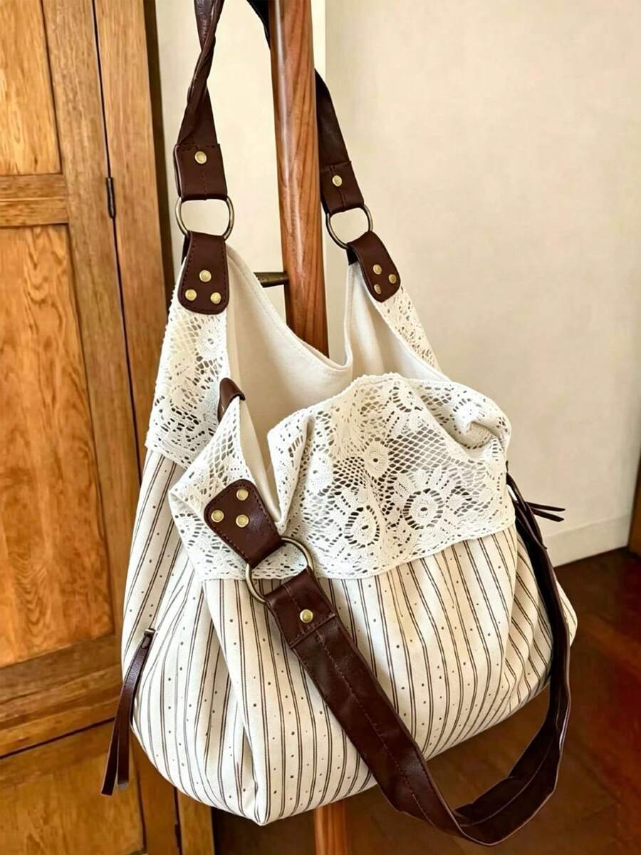 2026 New Summer Mori Style Vintage Lace Floral Plaid Patchwork Fabric Tote Bag For Women, Versatile Shoulder Handbag For Commuting - White - View 1