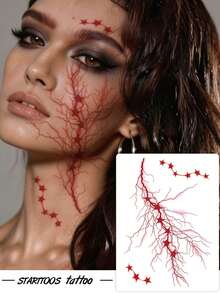 STARTTOOS Halloween Red Star & Vein Pattern Face, Arm, Shoulder, Neck Waterproof Temporary Tattoo Stickers, 1pc/Pack, DIY Party Gift For Music Festival - Red - View 2