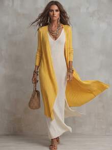 Women's Yellow Ribbed Long Knit Cardigan, V-Neck Open Front Knit Jacket, Casual Commute Versatile, Suitable For Spring, Summer And Autumn, Outdoor Top - Yellow - View 2