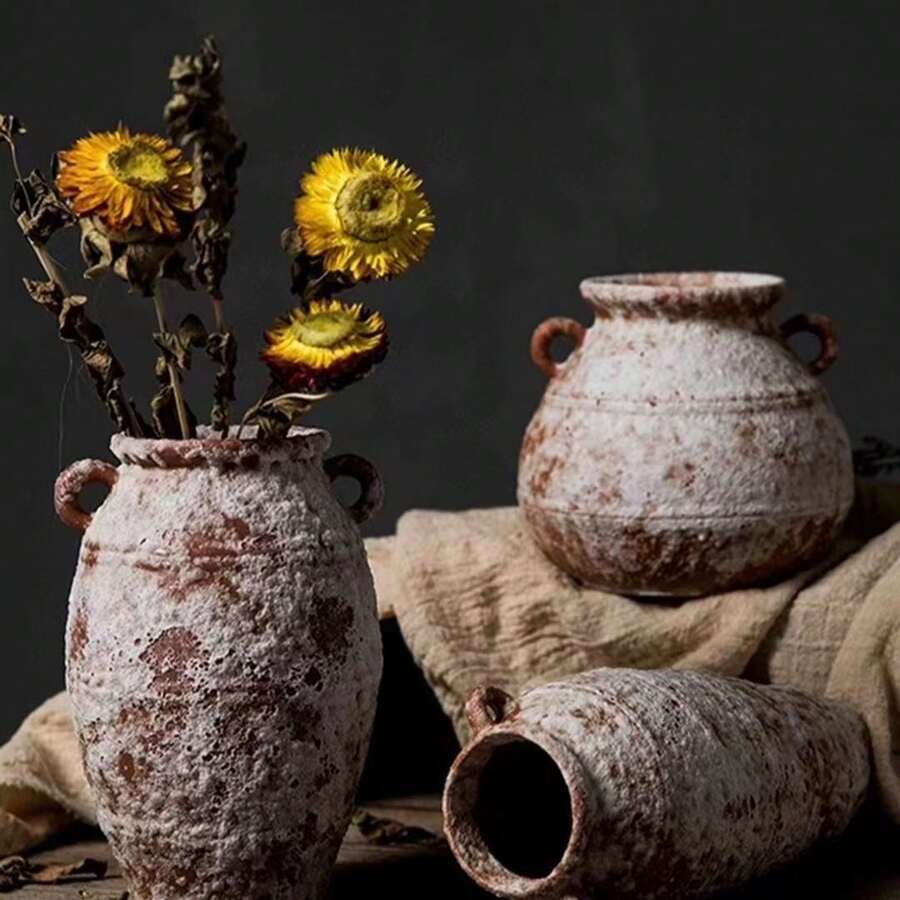 復古水洗陶瓷手柄花瓶,鄉村風侘寂紋理陶瓷花盆,復古裝飾乾花花瓶,農舍風桌面家居裝飾 - 多色 - 查看 1