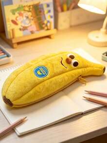 1pc Cute Plush Banana Pencil Case, Cartoon Smiling Face Large Capacity Student Stationery Storage Bag, First Day Of School - Yellow - View 3