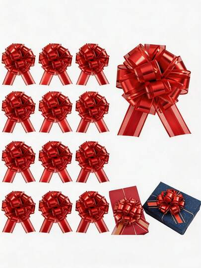 10pcs/1pc-Classic Red Drawstring Bows, Metal Satin Christmas Gift Packaging Bows, Shiny Tulle Ribbon Flower Bows, Christmas Decorations, Christmas Party Supplies, Christmas Drawstring Bows, Christmas Gift Bows, Christmas Decoration Supplies, Christmas Gift Decoration, Large Instant Floral Decorative Bows, Suitable For Christmas Gift Boxes, Holiday Gift Baskets, Christmas Trees And Wedding Party Decorations