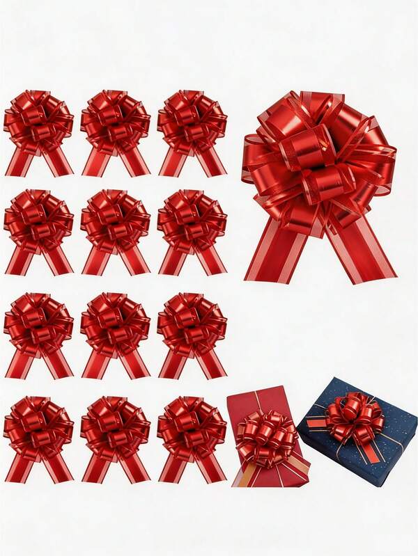 10pcs/1pc-Classic Red Drawstring Bows, Metal Satin Christmas Gift Packaging Bows, Shiny Tulle Ribbon Flower Bows, Christmas Decorations, Christmas Party Supplies, Christmas Drawstring Bows, Christmas Gift Bows, Christmas Decoration Supplies, Christmas Gift Decoration, Large Instant Floral Decorative Bows, Suitable For Christmas Gift Boxes, Holiday Gift Baskets, Christmas Trees And Wedding Party Decorations