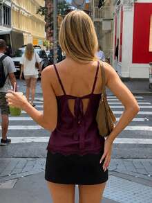 Women's Lace Patchwork Ruffle Sexy Camisole Top Summer - Burgundy - View 5