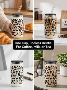 Meoky 16oz Glass Cup, Cow Print, High Borosilicate Glass Jar-Shaped Cup. Multi-Functional Kitchenware, Suitable For Home Hospitality, School Lunch Box And Office Coffee. Charming Everyday Cup And Party Favor. - Black Lid Black and White Cow - View 11